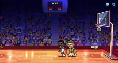 Two players jumping in the air during a BasketBros match.